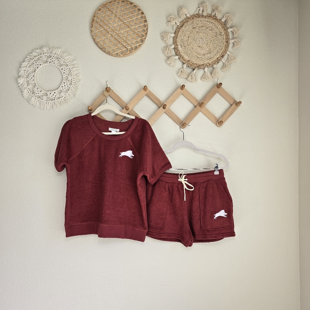 Outerknown Terrycloth T-Shirt & Short Set In Burgundy Women's Medium NWOT